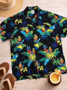 Rima Tropical Parrot Hawaiian Shirt Black Button Up Camp Shirt Size L